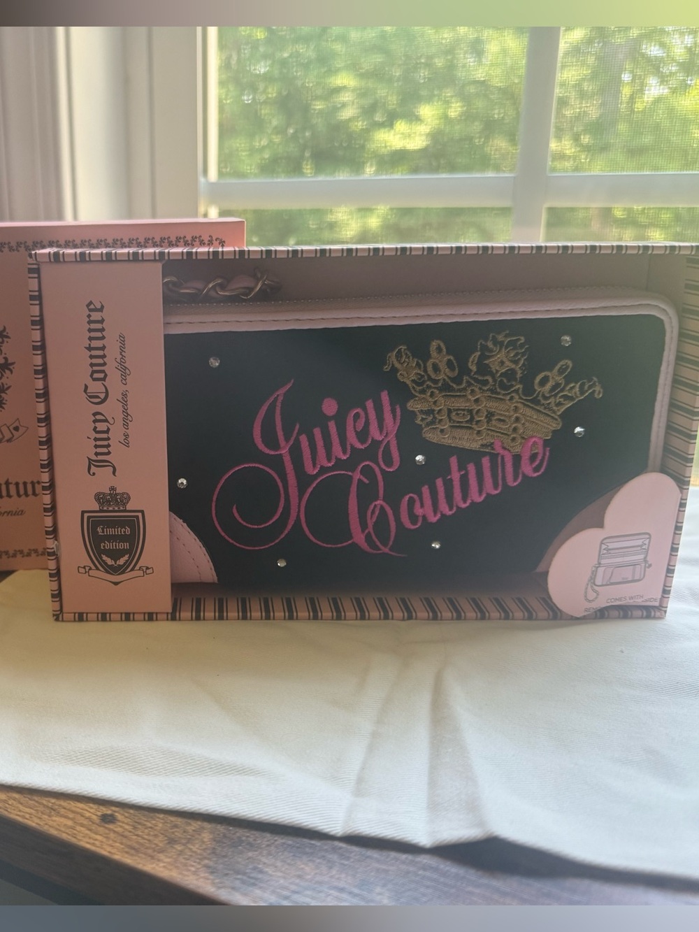 Juicy Couture Black Wallet with Pink Logo and Gold Crown